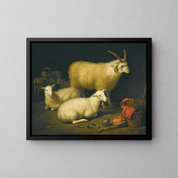 Interior barn painting with a four-horned ram, four ewes, and a goat, accompanied by a still life with a basket and overturned pots on the right - Aelbert Cuyp — framed artwork on a wall