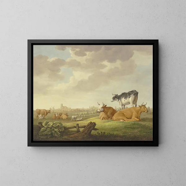a painting titled "Dans un pré, des chèvres et des moutons, au loin une ville, à gauche une laitière" by Aelbert Cuyp — framed artwork on a wall