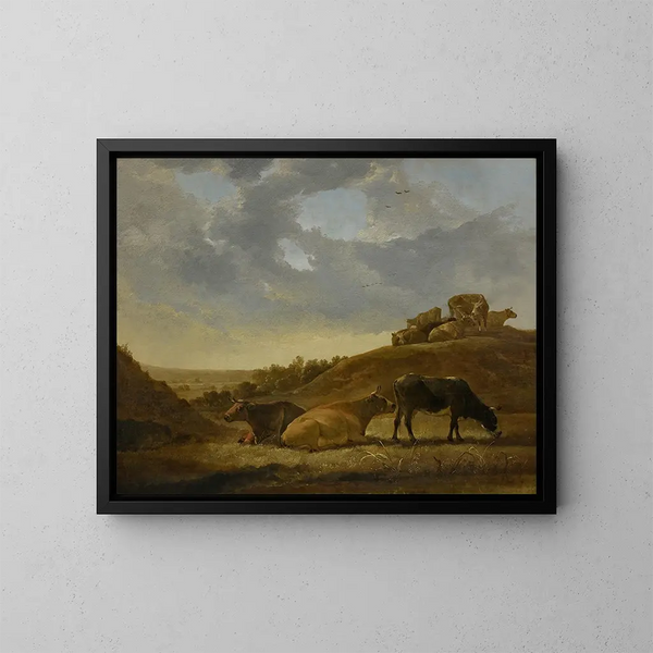 Livestock in an Arcadian Dutch Landscape - Aelbert Cuyp — framed artwork on a wall