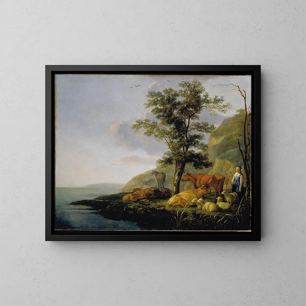 Livestock near a River - Aelbert Cuyp — framed artwork on a wall