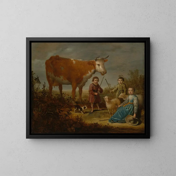 Children and a Cow - Aelbert Cuyp — framed artwork on a wall