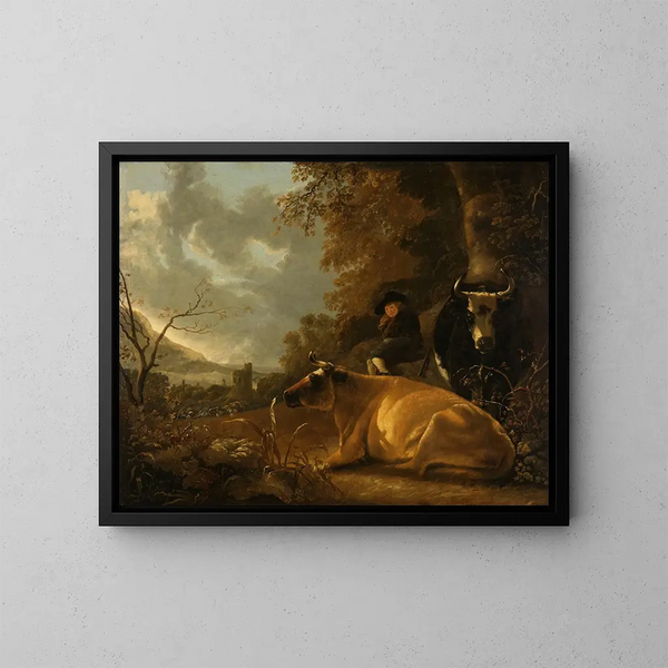 Landscape with Cows and a Young Shepherd - Aelbert Cuyp — framed artwork on a wall