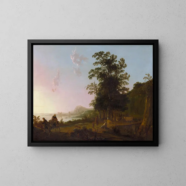 Landscape Painting with the Flight into Egypt - Aelbert Cuyp — framed artwork on a wall