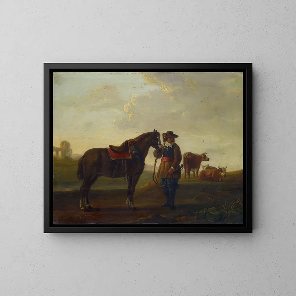 ficer with horse - Aelbert Cuyp — framed artwork on a wall