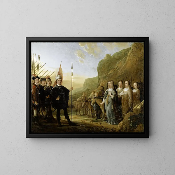The meeting of David and Abigail Portrait of the Lowijs Jacobsz Molenschot family and his wife Janneken Jansdr Rokus - Aelbert Cuyp — framed artwork on a wall