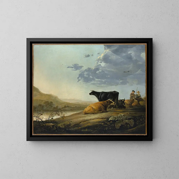 Young shepherds with cows - Aelbert Cuyp — framed artwork on a wall