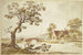 a Farm near a stone bridge on which a rider in a red coat accompanied by a dog wants to pass - Aernout Ter Himpel — artwork view
