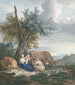 a farmer and a farmworker with a child in a landscape with livestock - Aert Schouman — artwork view