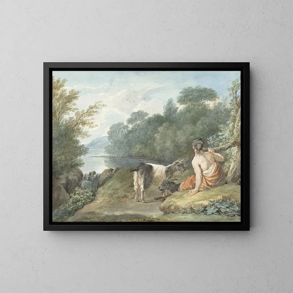 de la Bergère con cabras en un paisaje con un lago - Aert Schouman — cuadro enmarcado en la pared
