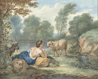 Aert Schouman - Herderin met schapen in een landschap met een meertje.webp
