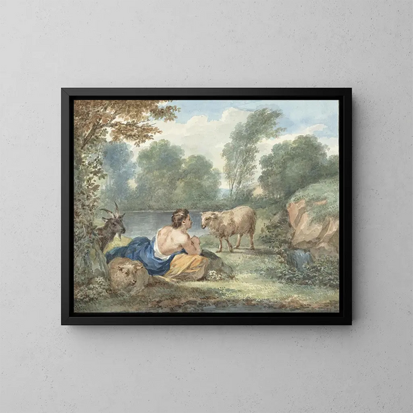 de la pastorcilla con ovejas en un paisaje con un estanque - Aert Schouman — cuadro enmarcado en la pared