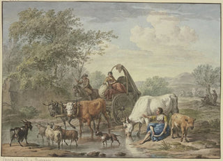 Aert Schouman - Hirten fahren mit einem Wagen durchs Wasser rechts eine Hirtin die sich die Fe wscht bei einer weien Kuh.webp
