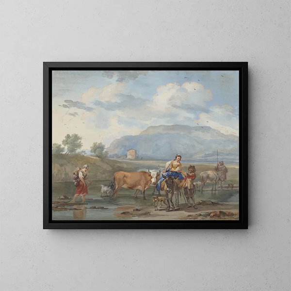 Los pastores llevan cabras a través del agua, a la izquierda una mujer lleva a su hijo en la espalda, a la derecha otra monta un burro. - Aert Schouman — cuadro enmarcado en la pared