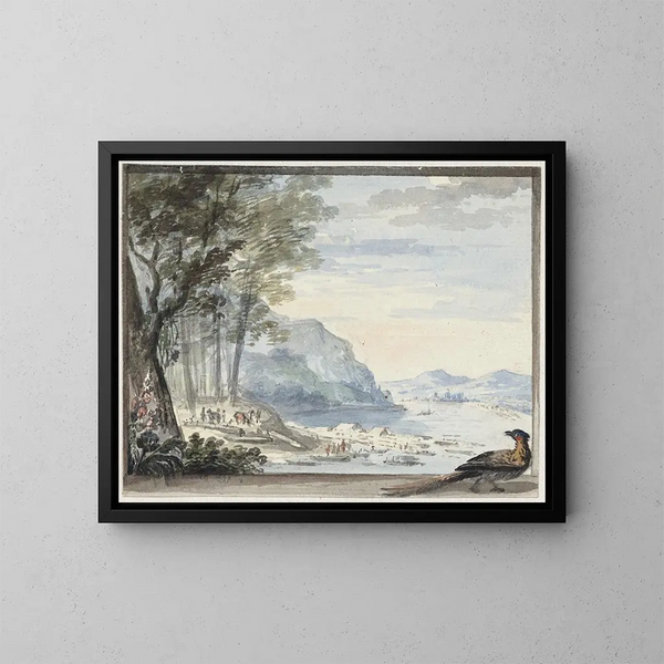 Paisaje fluvial con un gallo en primer plano - Aert Schouman — cuadro enmarcado en la pared