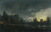 Landscape painting of a moonlit river scene with figures near a door, a village beyond - Aert van der Neer — artwork view