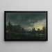 Landscape painting of a moonlit river scene with figures near a door, a village beyond - Aert van der Neer — framed artwork on a wall