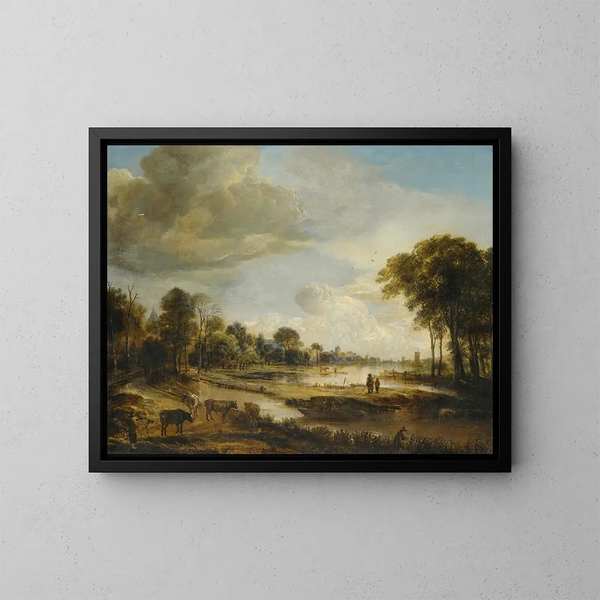 a river landscape with figures and livestock - Aert van der Neer — framed artwork on a wall