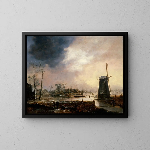 Winter landscape with a windmill - Aert van der Neer — framed artwork on a wall