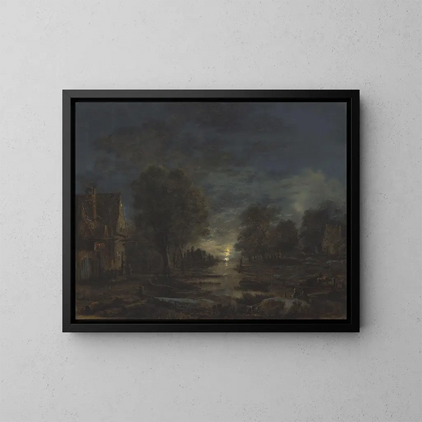 a moonlit landscape with an inn by a river - Aert van der Neer — framed artwork on a wall