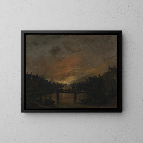 Fire in Amsterdam at Night - Aert van der Neer — framed artwork on a wall