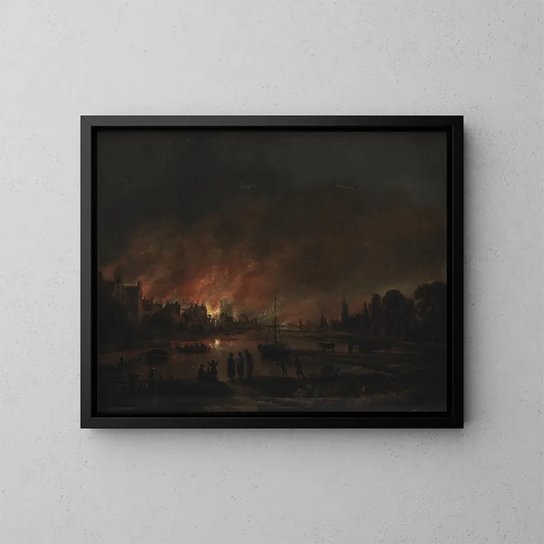Fire in a Village at Night - Aert van der Neer — framed artwork on a wall