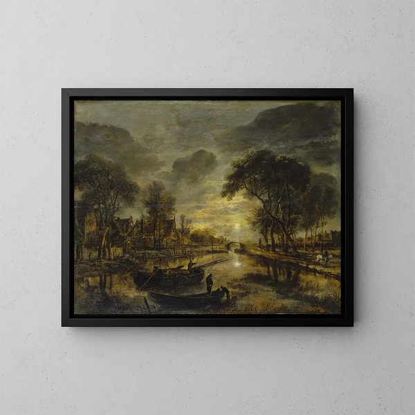 Night landscape painting of a canal with fishing boats - Aert van der Neer — framed artwork on a wall