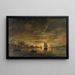Landscape painting with boats at moonrise - Aert van der Neer — framed artwork on a wall