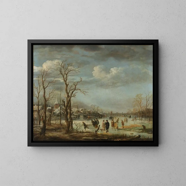 Winter landscape painting near a city with bare trees - Aert van der Neer — framed artwork on a wall