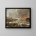Winter landscape painting with skaters on a frozen river - Aert van der Neer — framed artwork on a wall