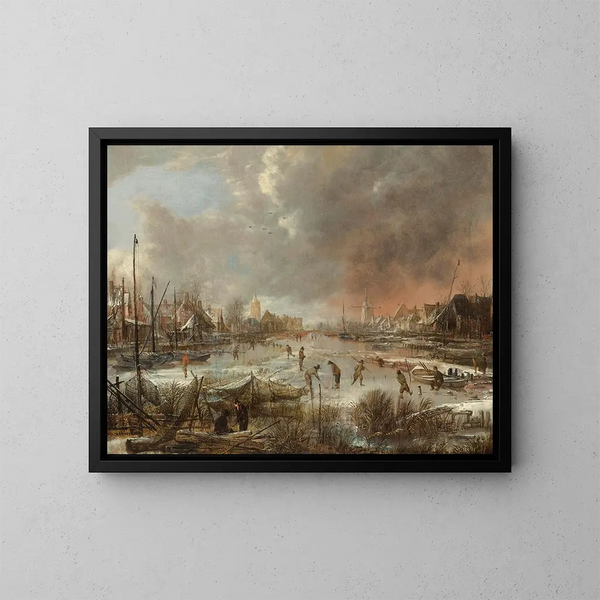 Winter landscape painting with skaters on a frozen river - Aert van der Neer — framed artwork on a wall