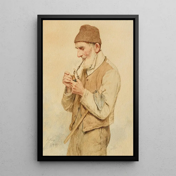 Reproduction of the painting Peasant painting lighting a pipe - Albert Anker