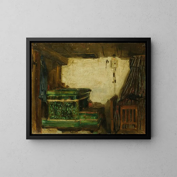 Rincón de una habitación con estufa de cerámica - Albert Anker — cuadro enmarcado en la pared