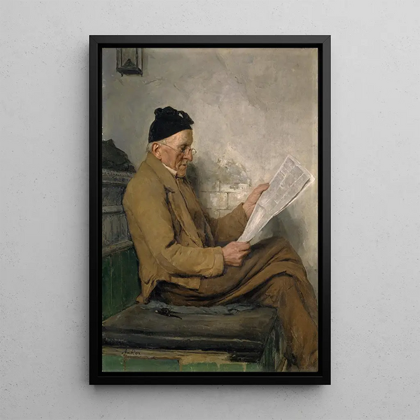 campesino leyendo en el banco de la estufa - Albert Anker — cuadro enmarcado en la pared