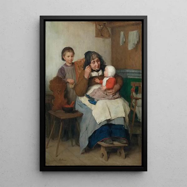 de la abuela sirviendo sopa a su nieto - Albert Anker — cuadro enmarcado en la pared