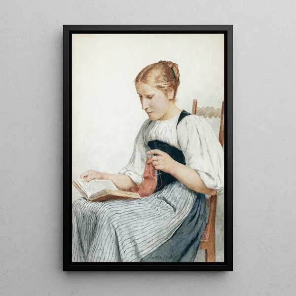 Reproducción del cuadro de una niña tejiendo y leyendo - Albert Anker