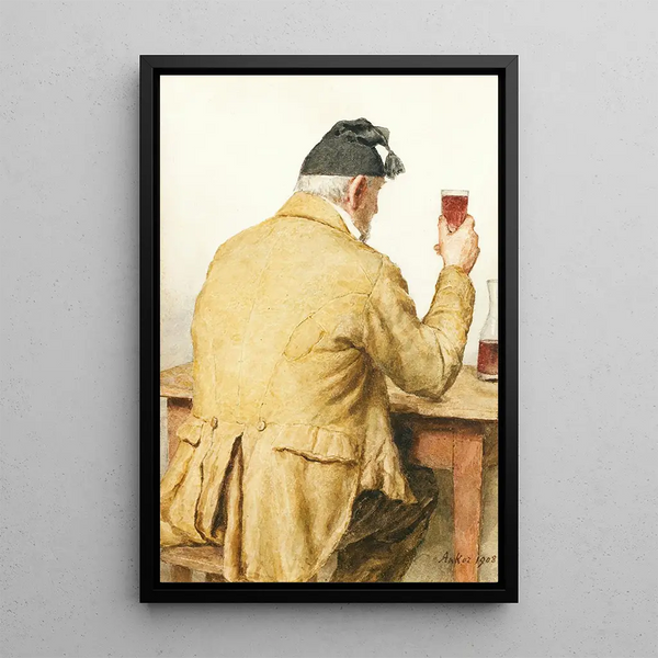 Old man sitting at a table seen from behind - Albert Anker — framed artwork on a wall