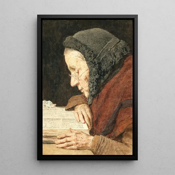 Old woman reading the Bible - Albert Anker — framed artwork on a wall