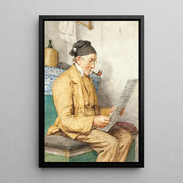 Fermier leyendo sentado cerca de la estufa de cerámica - Albert Anker — cuadro enmarcado en la pared