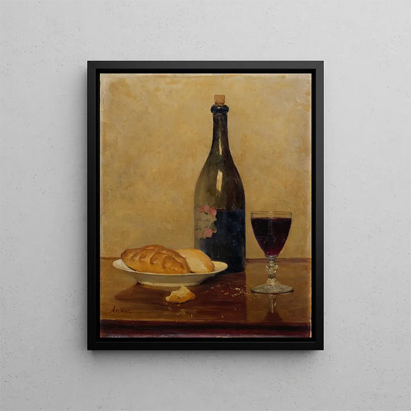 Still life with old wine and bread - Albert Anker — framed artwork on a wall
