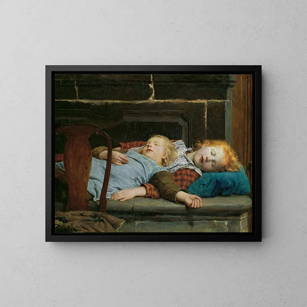 dos niñas dormidas en el banco de la estufa - Albert Anker — cuadro enmarcado en la pared