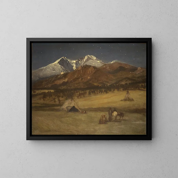 Indian encampment at dusk - Albert Bierstadt — framed artwork on a wall