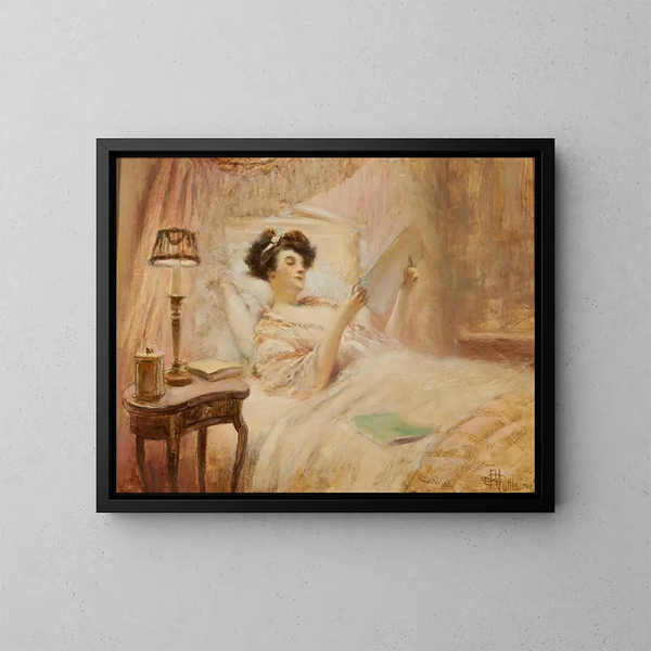 La lectura en la cama - Albert Guillaume — cuadro enmarcado en la pared