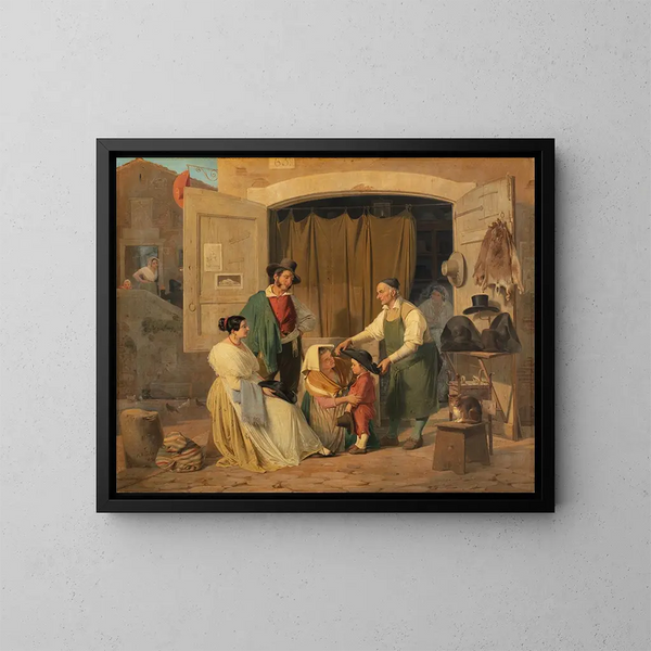 Los campesinos romanos comprando un sombrero para su nieto que debe convertirse en abad - Albert Kühler — cuadro enmarcado en la pared