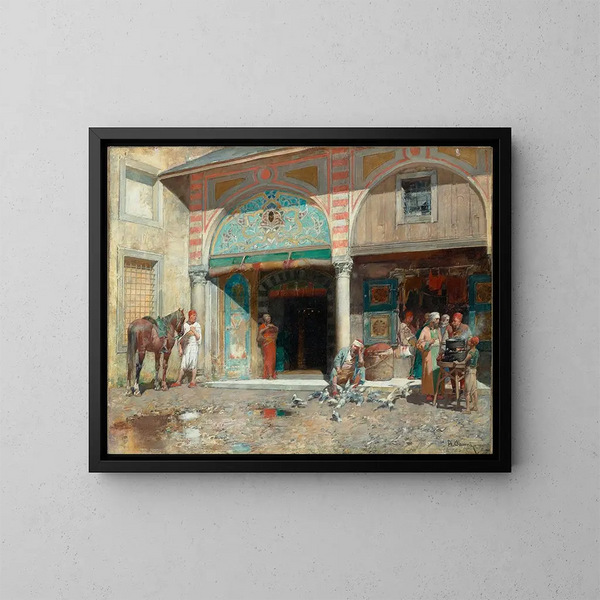 Frente a la mezquita - Alberto Pasini — cuadro enmarcado en la pared