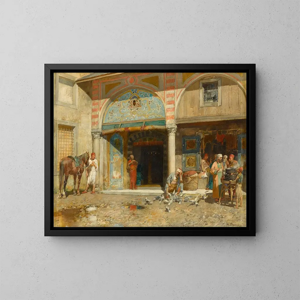 Fuera de la mezquita - Alberto Pasini — cuadro enmarcado en la pared