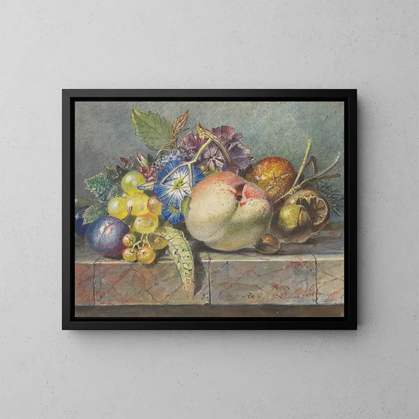 Frutas y naturaleza muerta de flores - Albertus Steenbergen — cuadro enmarcado en la pared