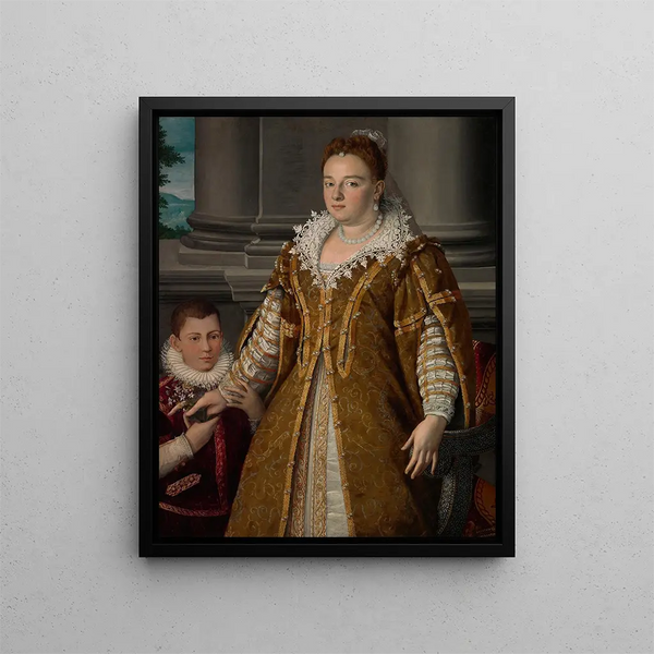 Portrait of Grand Duchess Bianca Capello de Médicis with her son - Alessandro Allori — framed artwork on a wall