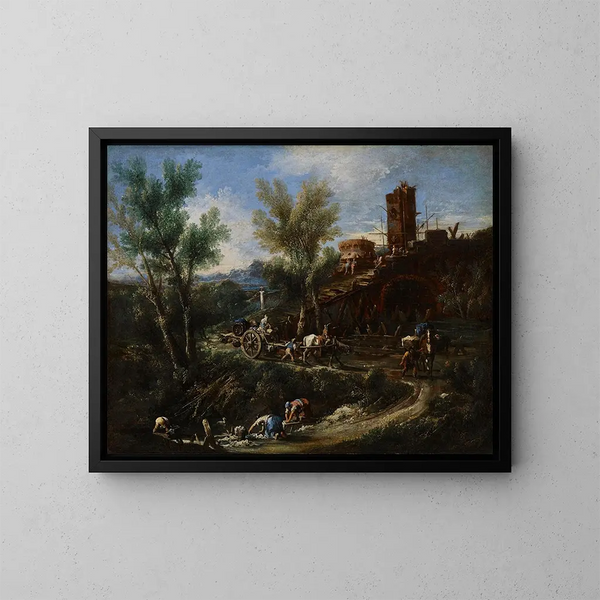 Paisaje con gitanos y lavanderas - Alessandro Magnasco — cuadro enmarcado en la pared