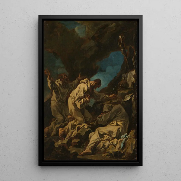 Three Camaldolese monks in ecstatic prayer - Alessandro Magnasco — framed artwork on a wall