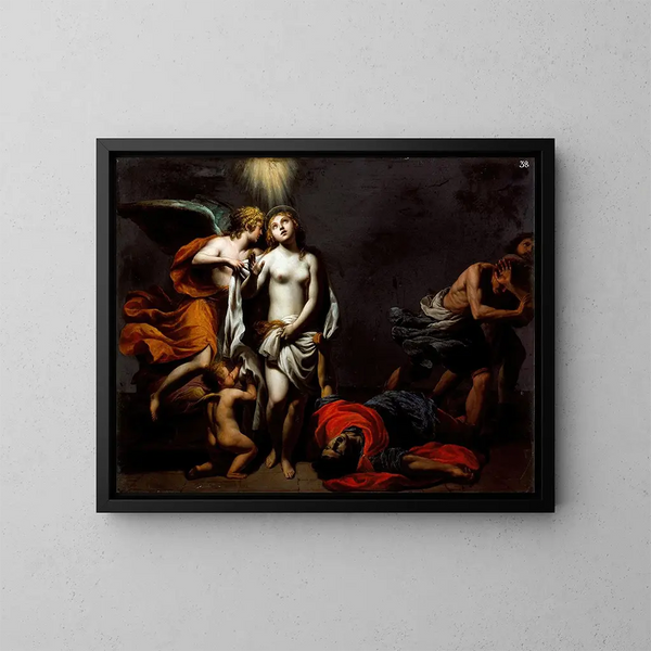 Santa Inés protegida por un ángel - Alessandro Turchi — cuadro enmarcado en la pared